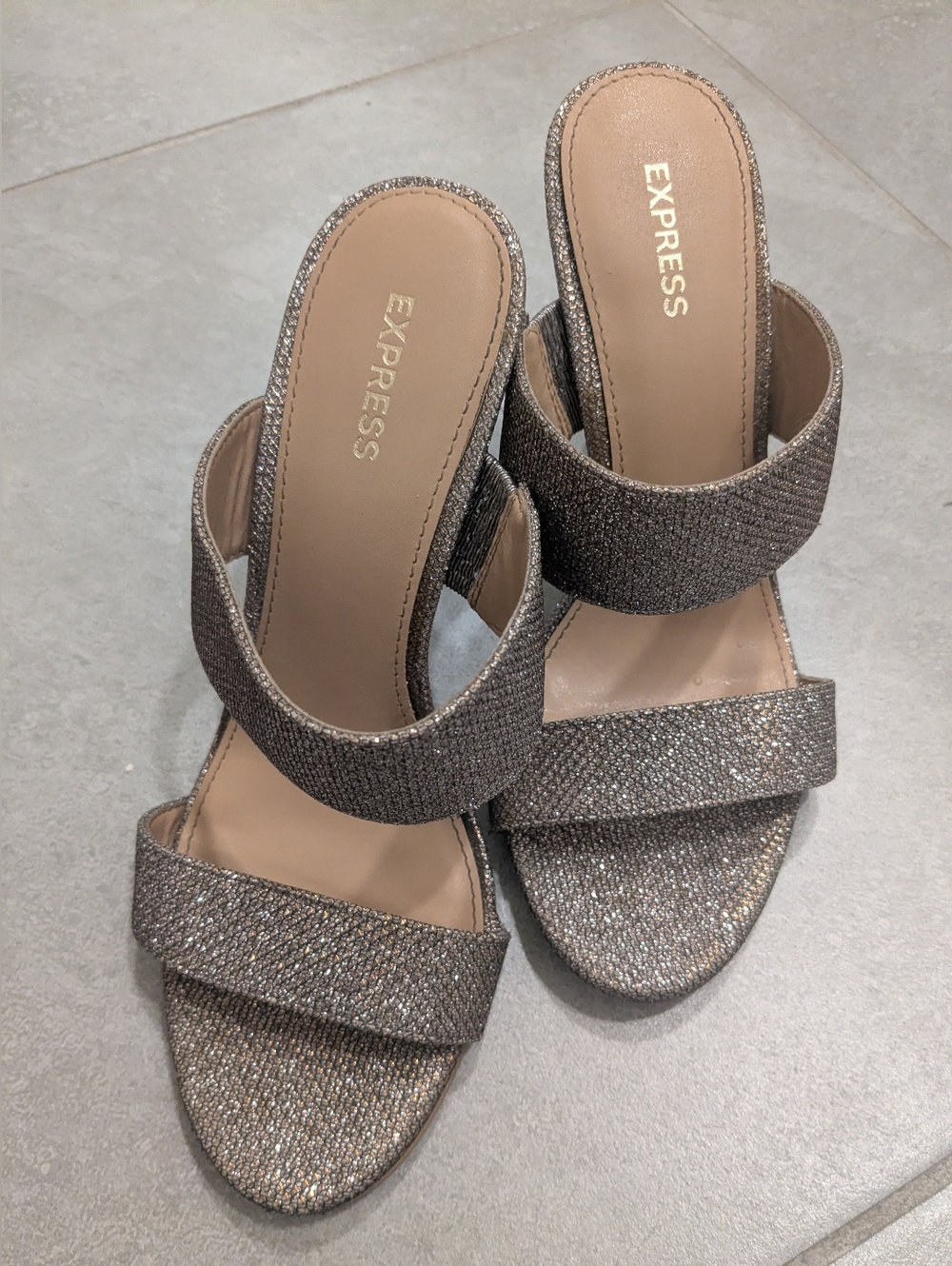 Express Metallic Taupe Double-Strap Slide Heels